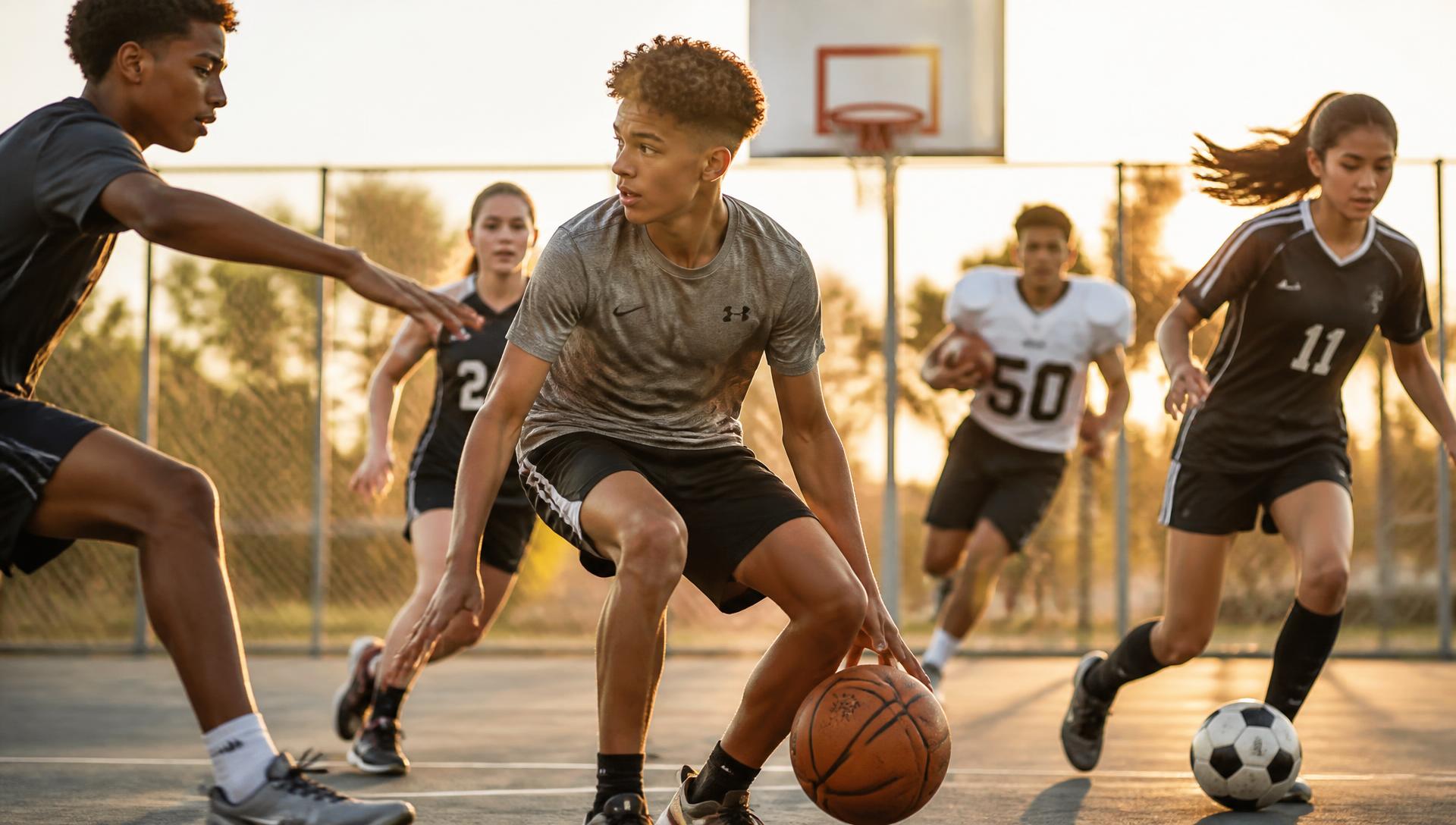Young athletes training on an outdoor court at golden hour